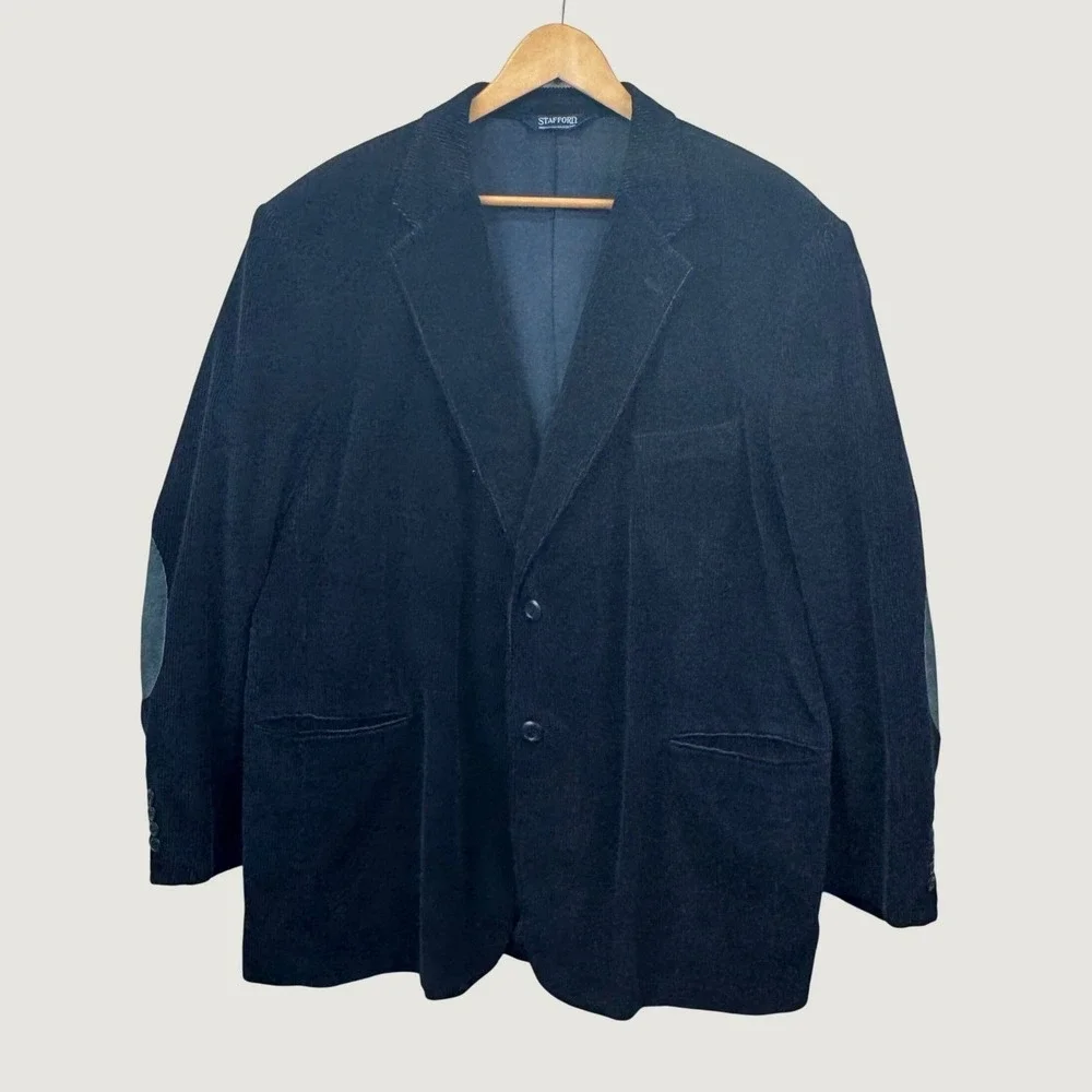 Stafford Corduroy Blazer Mens Navy Blue Elbow Patches Dark Academia Preppy